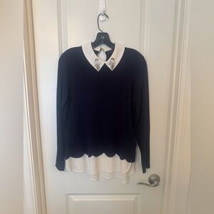 Ted Baker Layered-look Navy Sweater with Cream Collar and Embellishments